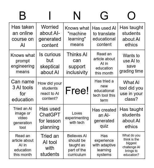 Ice Breaker Activity for Educators Bingo Card