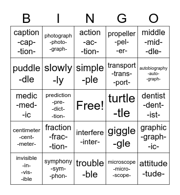 Morpheme Mix Bingo Card