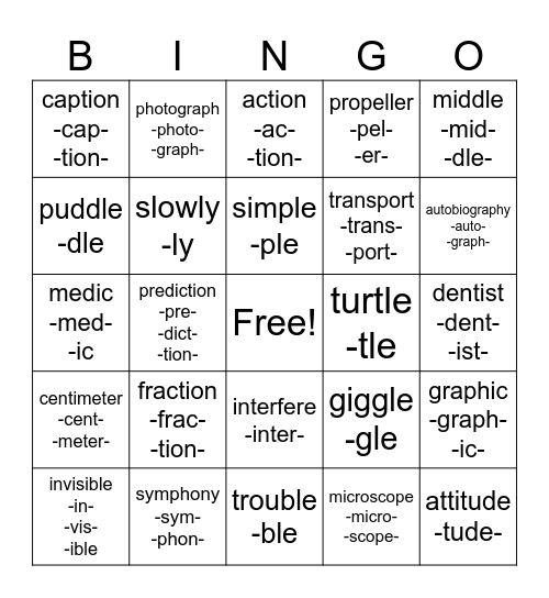 Morpheme Mix Bingo Card