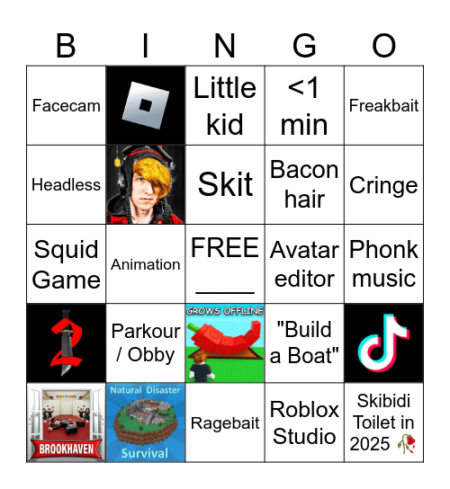 Roblox YouTube Shorts Bingo Card