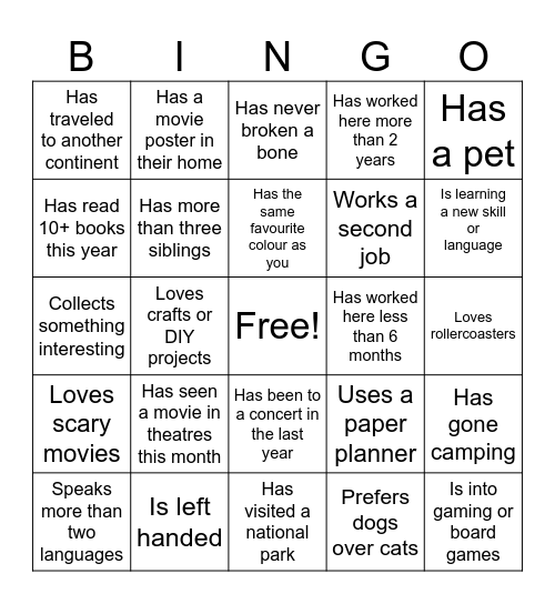 Get to Know You Bingo Card