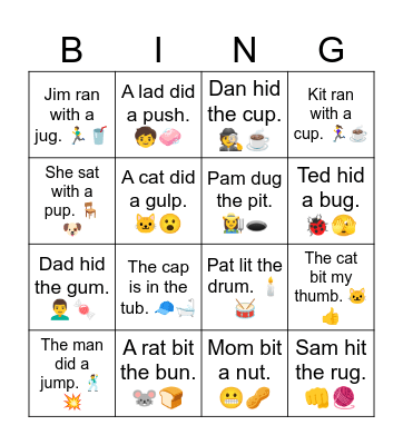 Short A, I, U CVC Sentences Bingo Card