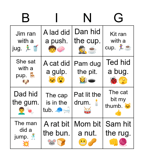 Short A, I, U CVC Sentences Bingo Card