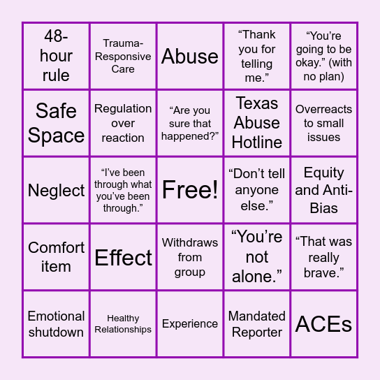 Safe Adult Bingo Card