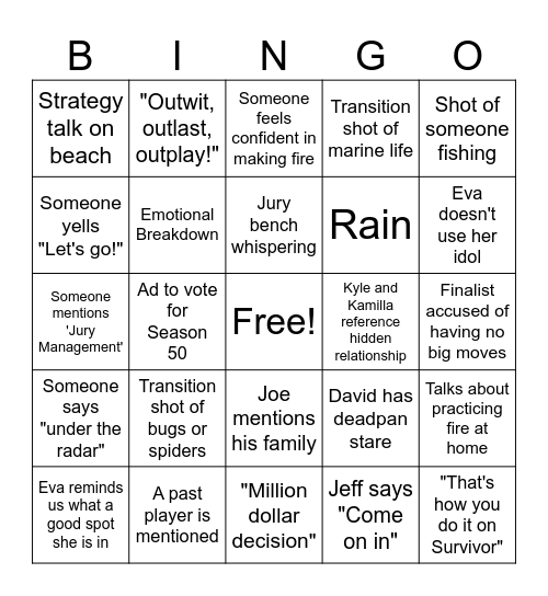 Survivor 48 Finale Bingo Card