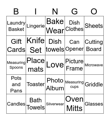 Amanda's Bridal Gift Bingo Card