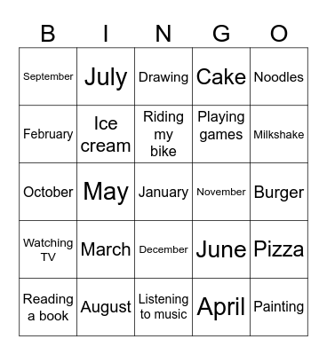 Months of the year Bingo Card