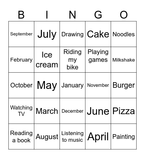 Months of the year Bingo Card