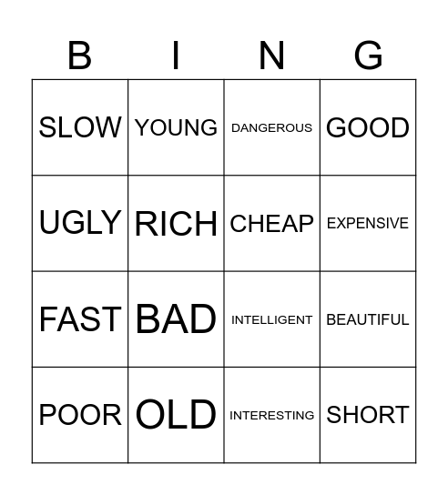 Comparatives Bingo Card