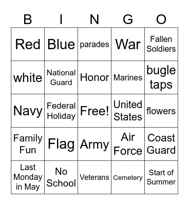 Memorial Day Bingo Card