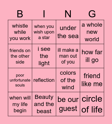 Disney sanger Bingo Card