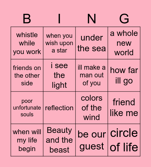 Disney sanger Bingo Card