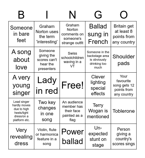 Eurovision Bingo Card