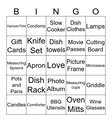 Amanda's Bridal Gift Bingo Card