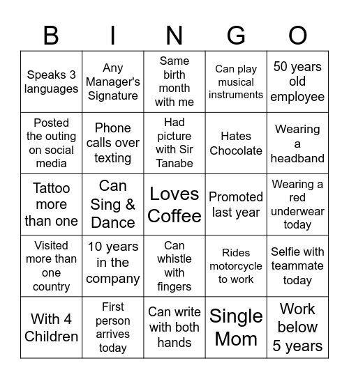 Summer Outing 2025 Bingo Card