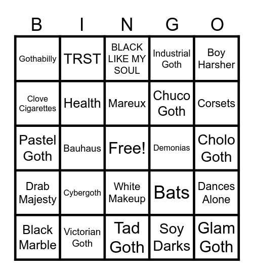 GOTH AF Bingo Card