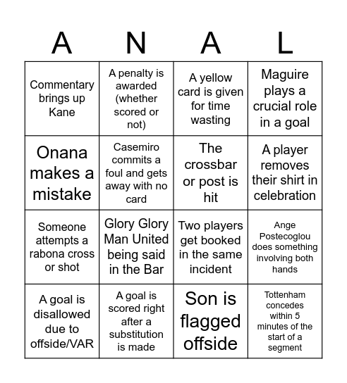 Siddharth Man Utd vs Spurs Card Bingo Card