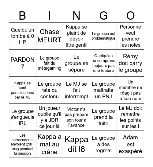 JDR Les Pécheurs Bingo Card