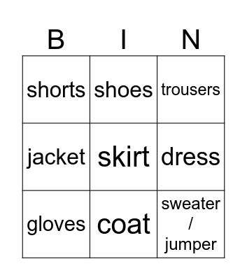 clothes Bingo Card