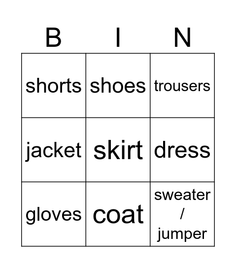 clothes Bingo Card