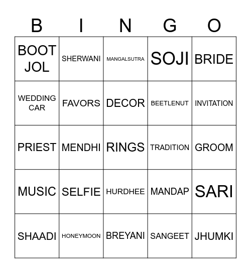 Wedding Bingo Card