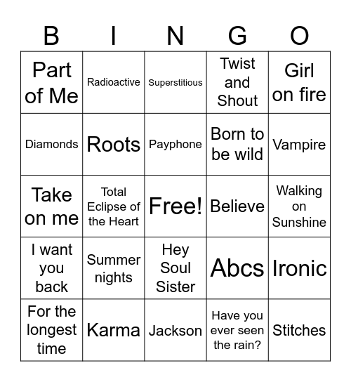 Music Bingo Card