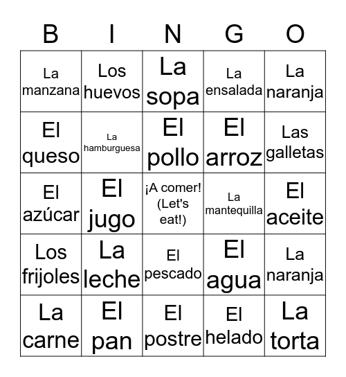 Alimentos y Bebidas Bingo Card