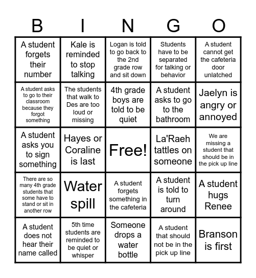 Parent Pick Up Bingo Card