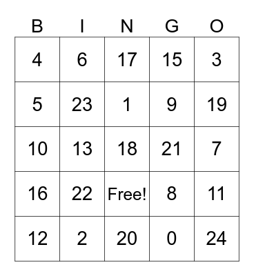 Addition Facts Bingo Card