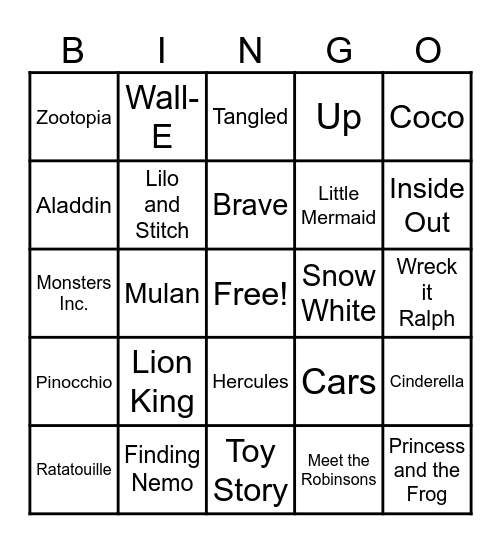 Disney/Pixar Movie Music Bingo Card