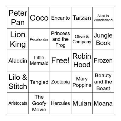 Disney Song Bingo Card