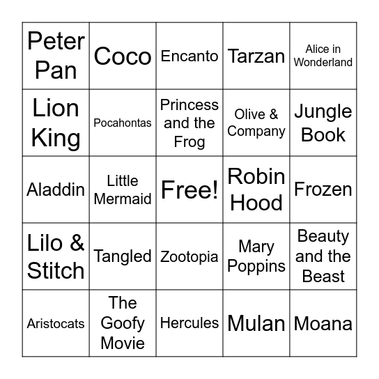 Disney Song Bingo Card