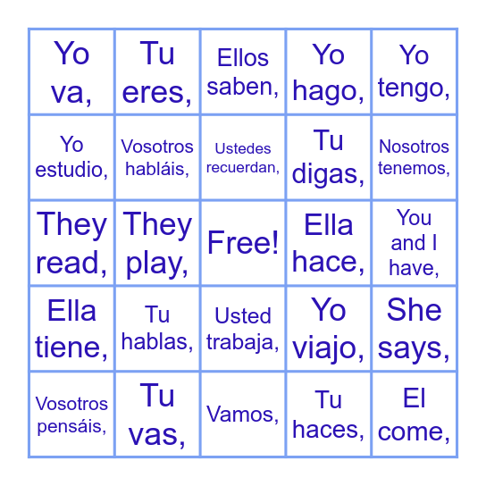 Present Tense Bingo Card