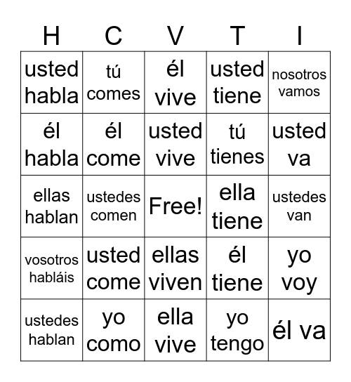Present Tense Conjugation Bingo Card
