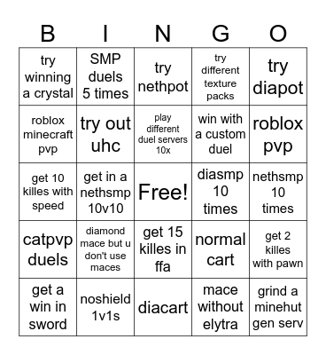 Minecraft PVP Bingo Card
