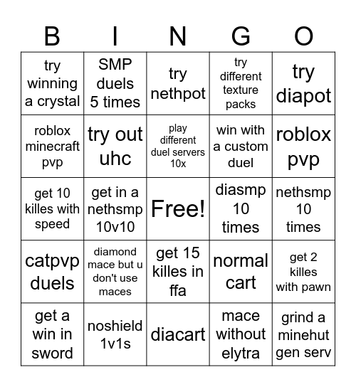 Minecraft PVP Bingo Card