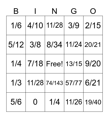Fraction Bingo Card