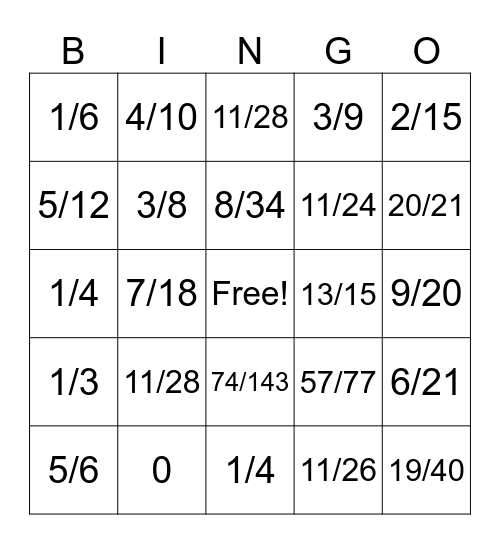 Fraction Bingo Card