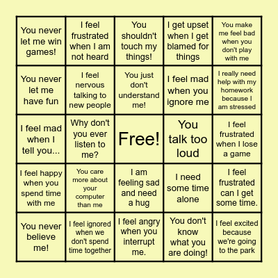 I-Statements Bingo Card
