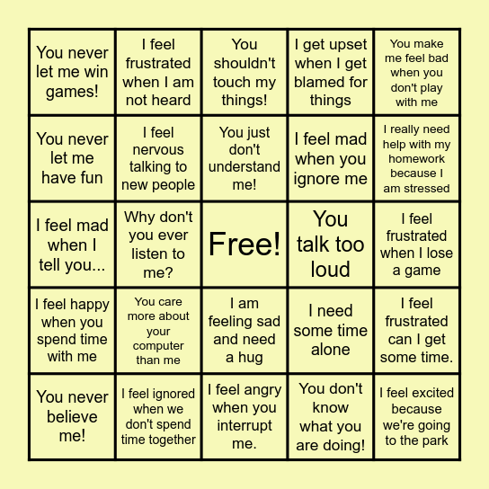 I-Statements Bingo Card