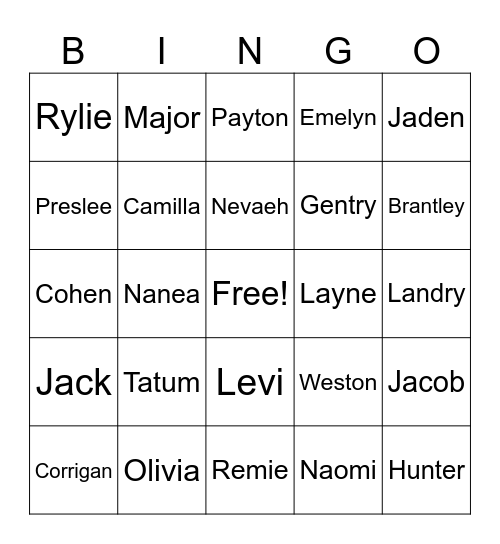 Names Bingo Card