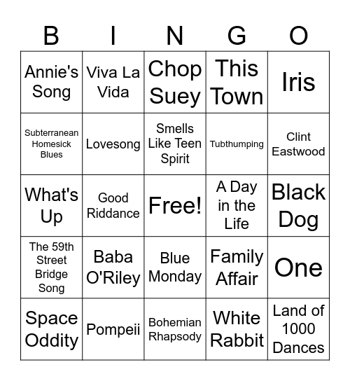 Songs without the Title in The Song Bingo Card