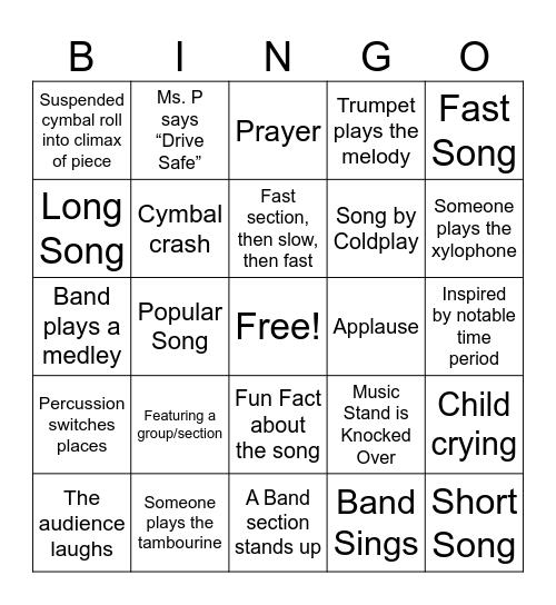 Concert Bingo Card