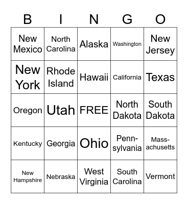 50 states Bingo Card