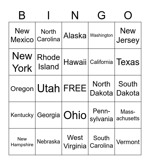 50 states Bingo Card
