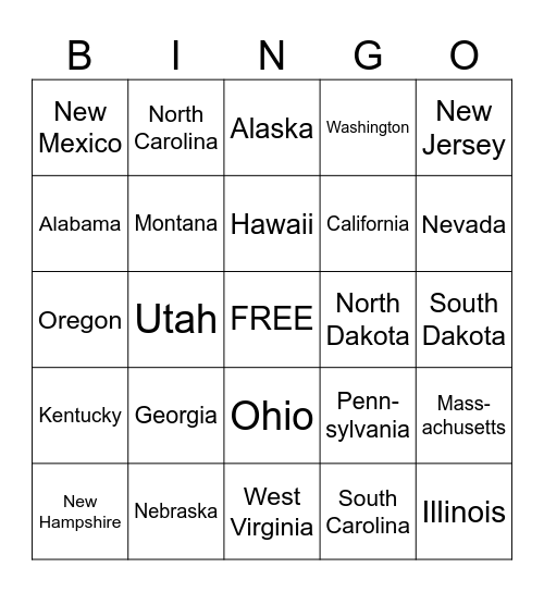 50 states Bingo Card