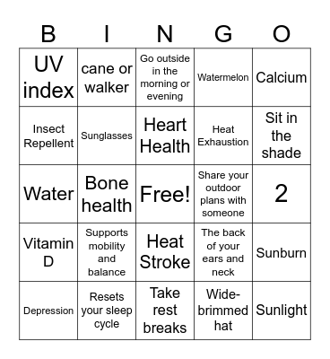 Sun Safety Bingo Card