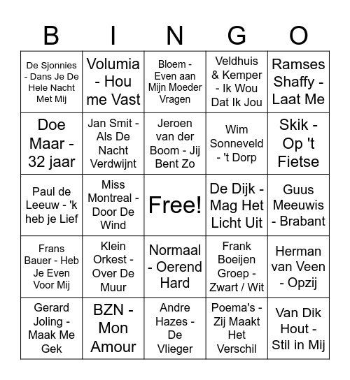 Nederlandstalige Muziek Bingo Card