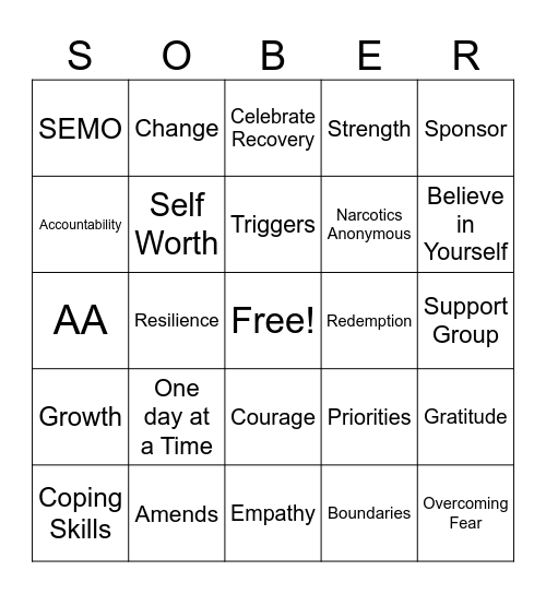 Recovery Bingo Card