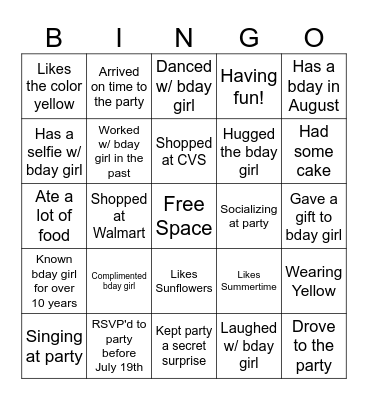 Carmen's Birthday Bash Bingo Card